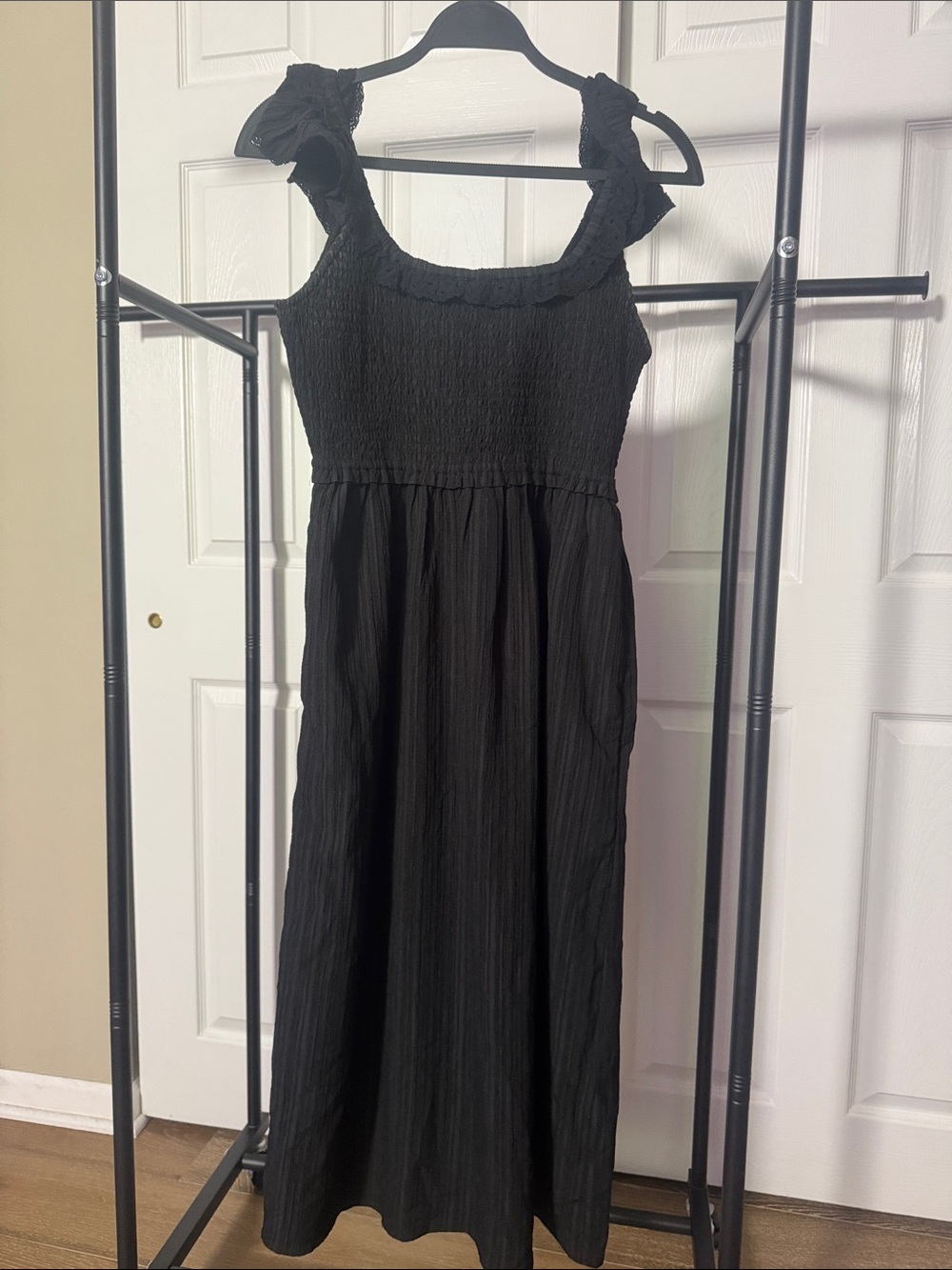 American Eagle Outfitters Black Smocked Ruffle Strap Midi Dress
